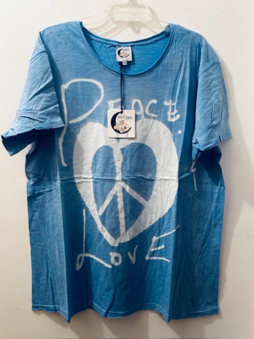 Jaded Gypsy Moon Dance "Sky Peace & Love" Cool Sky Blue Distressed Tee NWT
